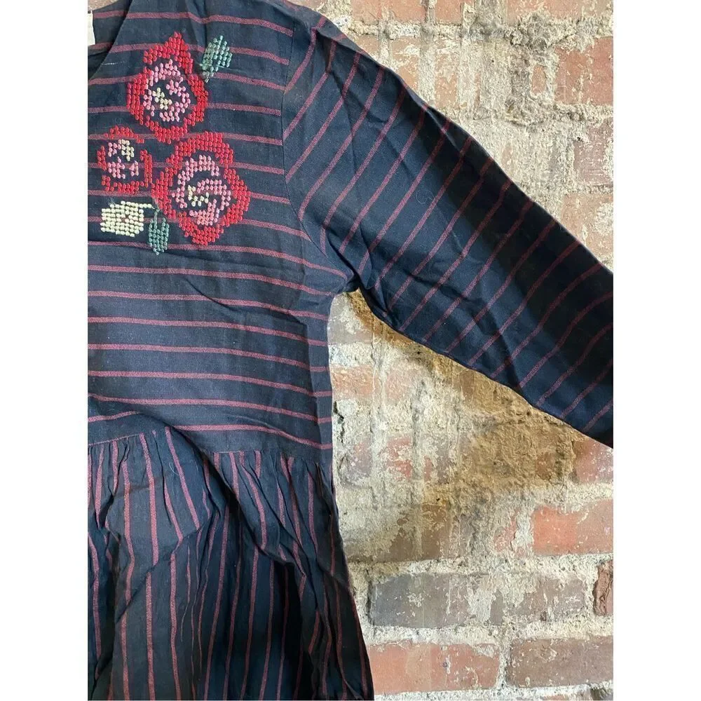 Bombay Paisley Dark Blue Red Stripe Floral Embroidered Button Down 3/4 Sleeve Mi - Picture 5 of 16